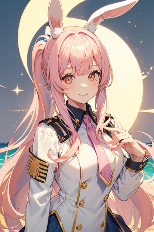 (masterpiece), best quality, (gentle smile), rabbit girl, (bunny ears:1.2), (long pastel pink hair:1.2), (hair bangs), (hair hiding ears), (ponytail), (no visible human hears:1.2), (golden eyes:1.2), (fluffy bunny tail), (wearing navy army uniform clothing), (soft smile), sea background