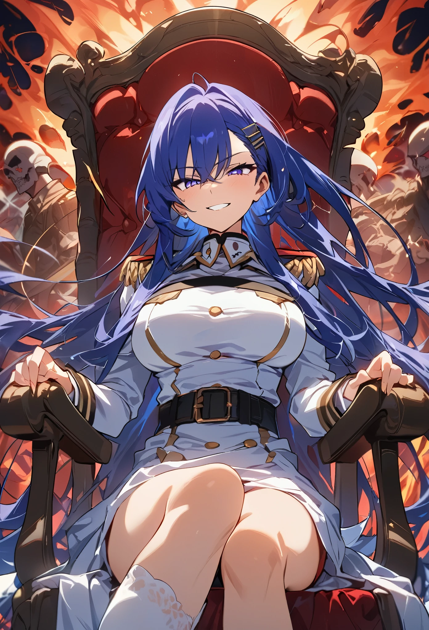 (masterpiece),(Best image quality),highest quality,(Very detailed),4K,(8k), A woman in military uniform sitting on a chair, Navy Blue Hair, Long Hair, Director, war, Overwhelming sense of strength, villain, Fearless smile, aura
