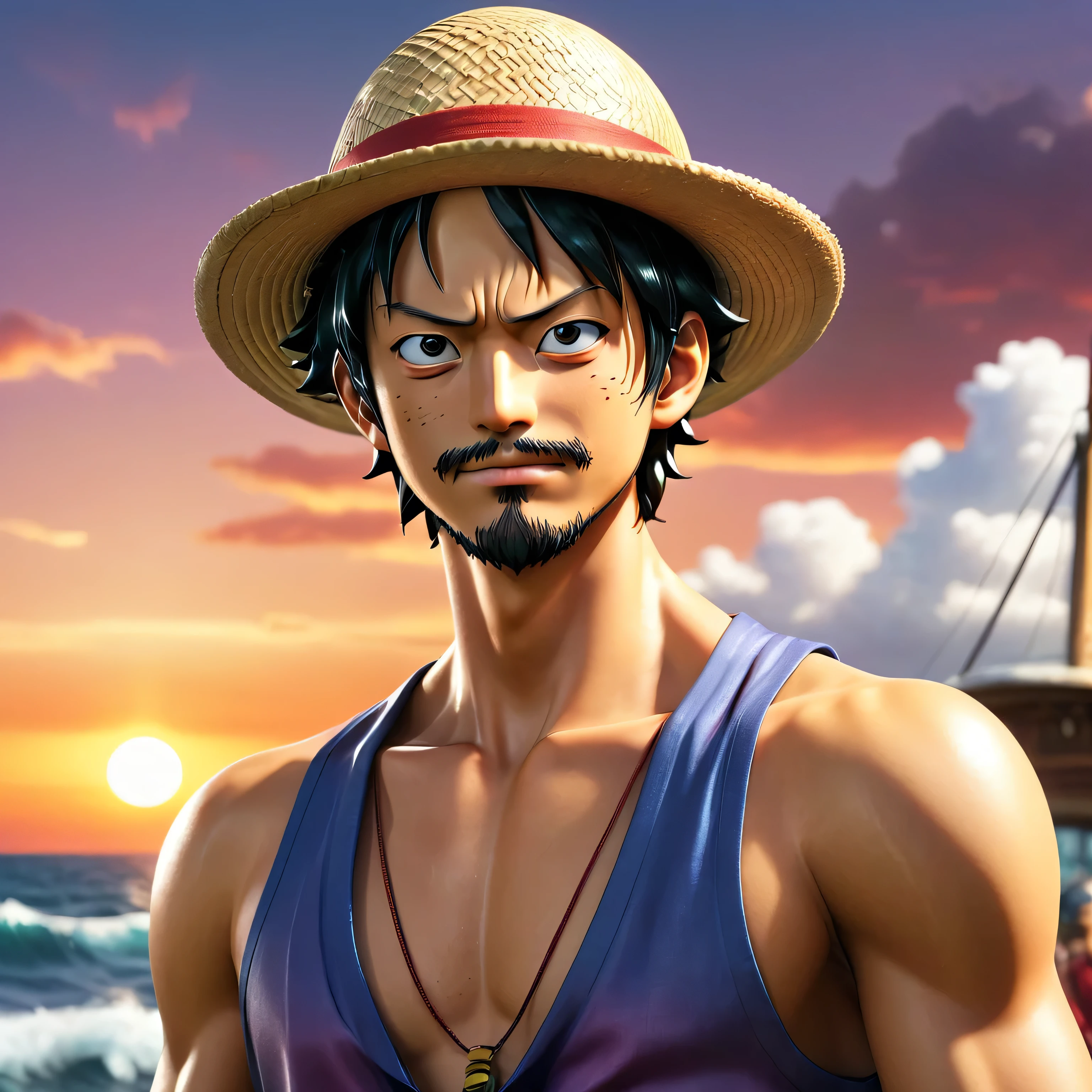 Create a highly detailed and realistic anime-style image from the series One Piece. The scene is set during the golden hour, just as the sun sets over the Grand Line. The light casts a warm golden hue, with dynamic shadows and soft light diffusion enhancing the detailed textures of the characters' clothing and the ocean waves. Focus on Luffy standing on the deck of the Thousand Sunny, his straw hat casting a shadow over his determined face, eyes sparkling with the reflection of the sunset. His iconic red vest and blue shorts are rendered with realistic fabric textures and subtle wrinkles that suggest movement. Around him, the crew is bustling, with Zoro, Nami, and Sanji visible in the background, each character animated with distinct, vivid facial expressions showing their unique personalities. The sky is a dramatic blend of oranges, pinks, and purples, with fluffy clouds reflecting the sun's rays. The ocean is detailed with realistic wave patterns and a shimmering surface that reflects the sky. Ensure the composition conveys a sense of adventure and the vastness of the Grand Line