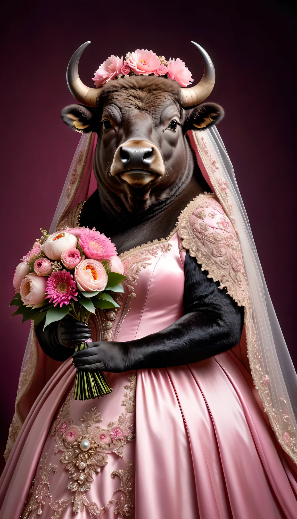 photorealistic portrait of Dressed animals - a ((fat)) buffalo bride,(elegant pose),(closed mouth),(furry), high quality,(lovely) ,intricate details, highly detailed (gothic pink wedding dress)),wearing opera globes ,wearing highly detailed veil, highly detailed decorations ,holding flower bouquet, (happy), studio lighting,()