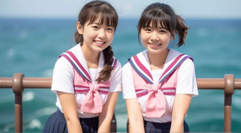 2 girls standing in beach of seaside school,cumulonimbus cloud in summer sky,white sailor shirt with red bow tie,white panties with navy blue pleated micro mini skirt,18-year-old,bangs,a little smile,thighs,knees,short hair with low pigtails bunches,from below,front light