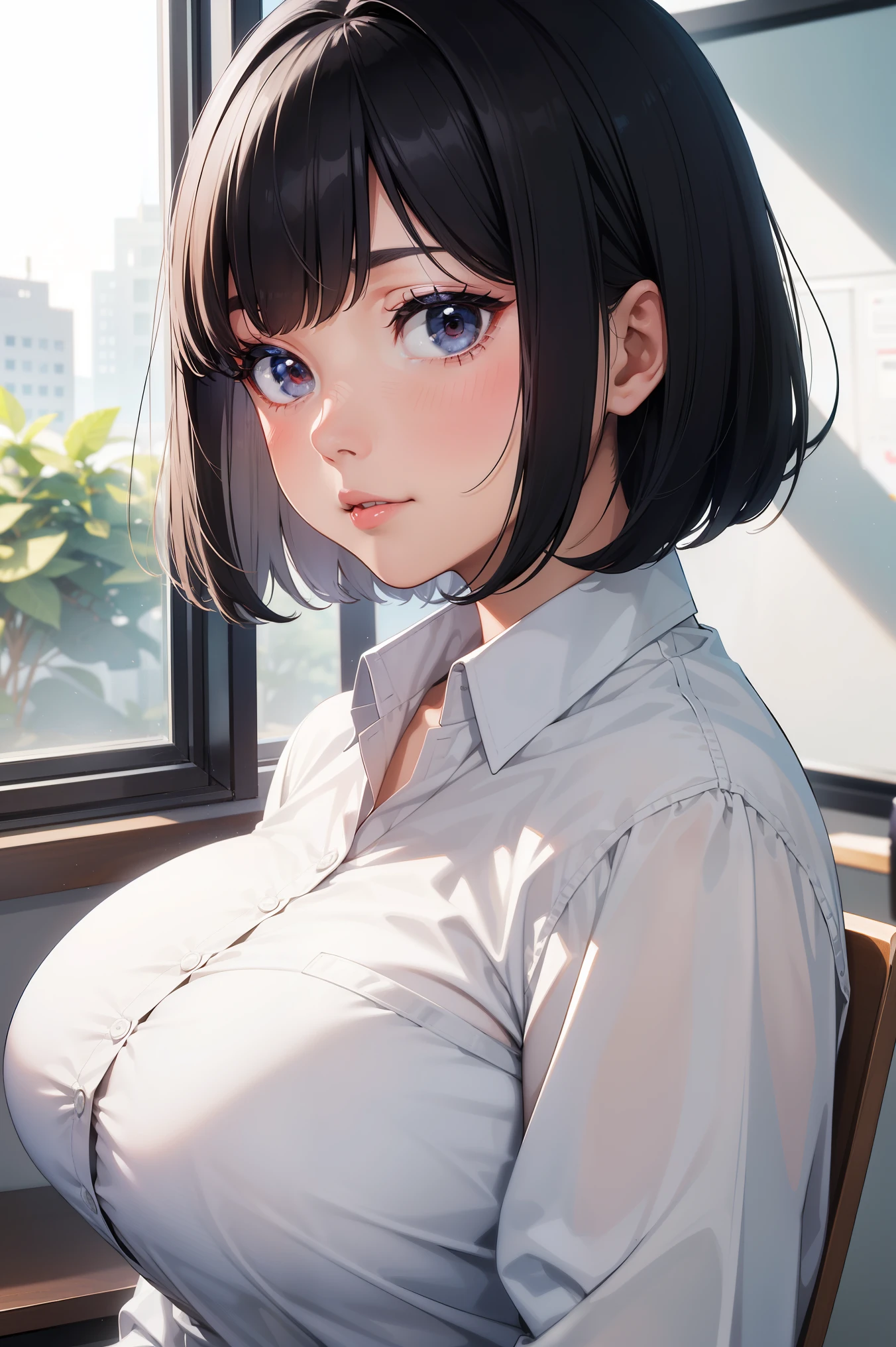 school, 1 girl, solo bobcut, black hair, short hair, portrait, curvy, honor student, shirt, classroom,blush, full lips, lipstick, face focus, extreme closeup, voluptuous, white shirt, huge breasts,