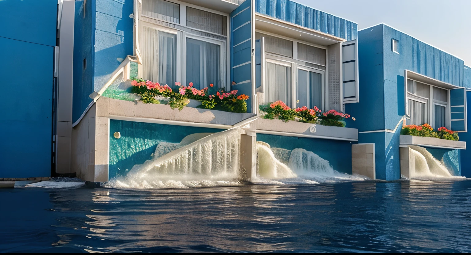 Waves splashing on walls, high quality, blue sky, self illuminated flowers on wall