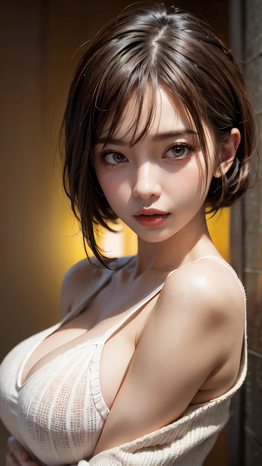 (Ultra-realistic), (figure), (High resolution), (In 8K), (Very detailed), (Best figure), (Beautiful fine details), (highest quality), (Ultra-detailed), (wallpaper), (Detailed face), drooping eyes, Sweat a lot, Upper body close-up,  Underarm,short hair,Girl in Sleeveless Sweater, Japanese, I can see her cleavage, (Camel Toe)