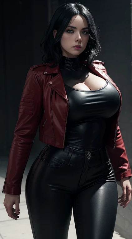 (Selene from Underworld wearing red leather jacket, black tanktop and black pants), (bob wavy black hair), (pale skin), (serious face), (solid color background), dynamic angle shot, dynamic pose, studio lighting, photo realism, intricate face detail, intricate hand details, highly detailed, vibrant colors, cinematic, high definition, trending on Artstation--style raw, (chubby:1.3) (huge breasts:1.3),