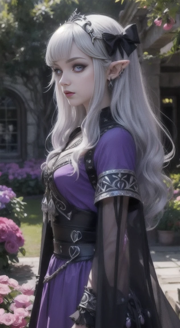 Silver hair, violet eyes, Goth Princess Zelda, black rose garden,