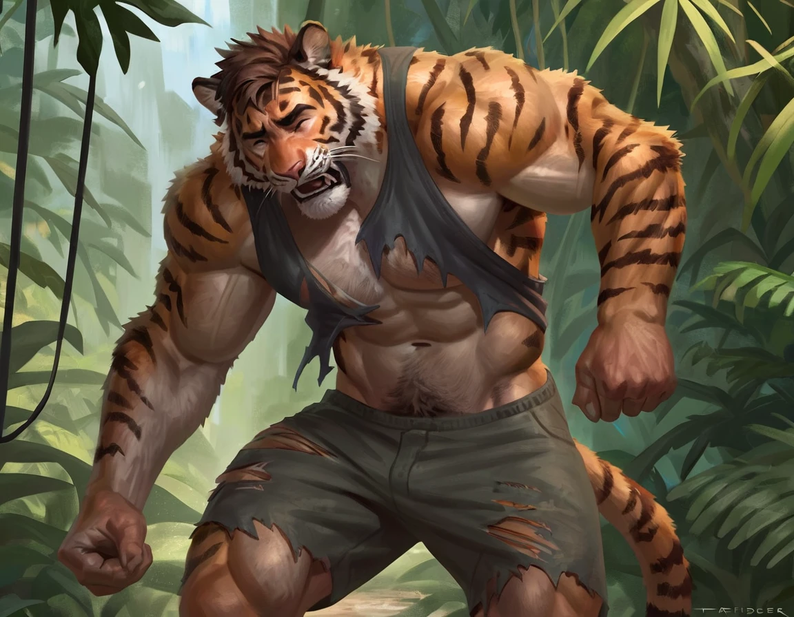 (2023:1), (best_quality:1), (high_quality:1), (absurd_res:1), (hi_res:1), (detailed:1) ,(Solo), man mid transformation into anthro male tiger, detailed, best art, masterpiece, quality, newest, jungle background, torn clothes, [partially human], muscular, pain expression, by taran fiddler, standing