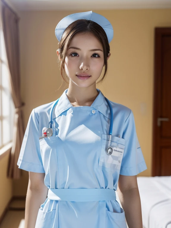 1 girl,(Wearing white nurse clothes:1.2),(RAW Photos, highest quality), (Realistic, photo-Realistic:1.4), masterpiece, Very delicate and beautiful, Very detailed, 2k wallpaper, wonderful, finely, Very detailed CG unity 8k wallpaper, Very detailed, High resolution, Soft Light, Beautiful detailed girl, Very detailed eyes and face, Beautiful and detailed nose, finely beautiful eyes, Perfect Anatomy, Black Hair, Upstyle, nurse uniform, ((nurse cap)), Long skirt, nurse, White costume, thin, hospital, clear, White Uniform, hospital room, Neck auscultation, ((Upper Body))