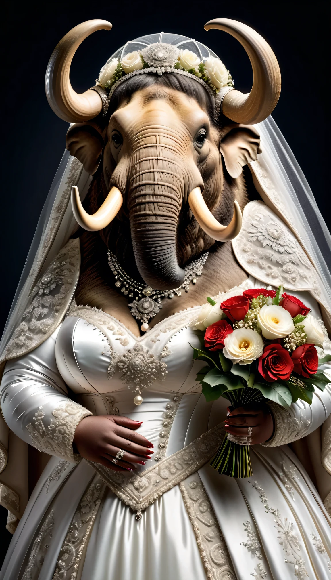 photorealistic portrait of Dressed animals - a ((fat)) mammoth bride,(elegant pose),(closed mouth),(furry), high quality,(lovely) ,intricate details, highly detailed (gothic wedding dress)),wearing opera globes ,wearing highly detailed veil, highly detailed decorations ,holding flower bouquet, (happy), studio lighting,()