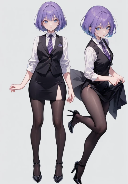 ((Perfect Face)),Purple Hair,Very short hair,1 female,,Black vest,Roll up your sleevesYshirt,tie,slit,High heels,,((Simple Background)),smile,((Full Body)),((full body)),
