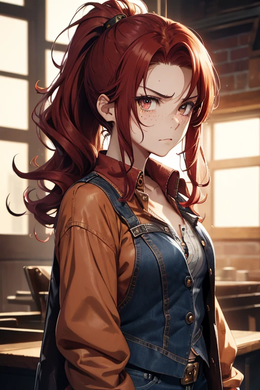 steampunk、17Year-old girl、Curly Hair、ponytail、Red hair、blouse、Denim shirt、Work clothes、Very angry、Moody lighting、Full Body Shot、Muscular、Soot、freckleole around the mouth、