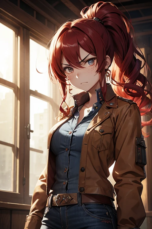steampunk、１７Year-old girl、Curly Hair、ponytail、Red hair、blouse、Denim shirt、Work clothes、Very angry、Moody lighting、Full Body Shot、Muscular、Soot、freckleole around the mouth、