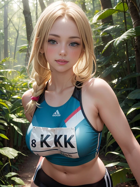(highest quaLightingy, 8k, High resolution, Realistic:2.0), (alone, One Girl:2.0),(Lighting: front),(Lighting: strong),(The ultimate beautiful girl:2.0),(Shiny skin),(Oily skin),(Blonde:1.5),(Girl tying hair),(American Beauty:2.0),Cheek brown makeup , Heavy eye makeup , Use pink glossy lipstick,(Girl with big beady eyes:1.5),(Slender girl:1.5),(Baby-faced girl),(Sex Appeal:1.7),(Sweet-smelling girl),(Photographed on a jogging path in the forest:1.5),(Woman training for a marathon:1.5),(She is wearing a long-distance running uniform.:1.5),(She works at a low wage:1.5),(She has a lovely smile),(Her body has attractive curves),(She is very sociable),(From a very poor family:1.5),(She hides her huge breasts under her clothes.),(Virgin girl),(She's a secret pervert.),(She is secretly lewd),(Virgin girl),(She is very sexy),(Preserving virginity for devout Christians),Chu Chloe