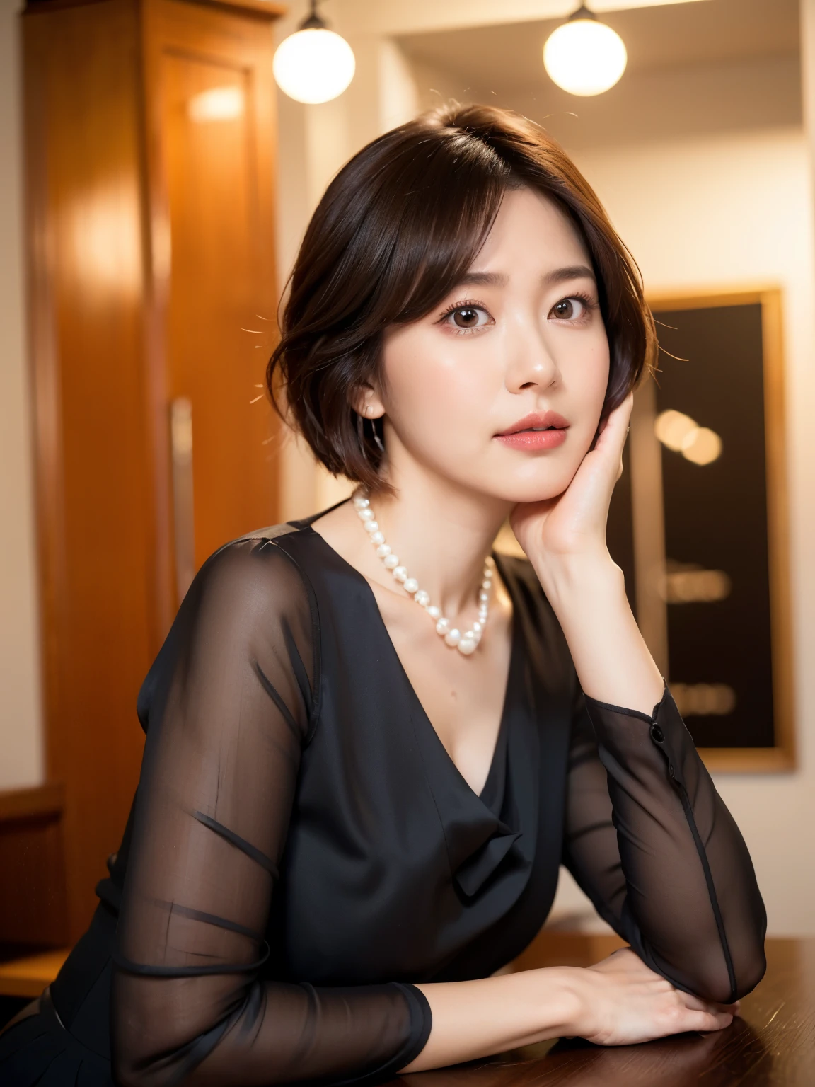 (highest quality, 8k, 32k, masterpiece, Ultra-high resolution:1.2),Beautiful Japanese Women Photos, （D cup breasts:1.4), Very short bob hair,Upper Body,Face Focus,（black formal blouse：1.4）、Black ruffled blouse,（Pearl Necklace:1.4), （Sonar room of a nuclear submarine:1.6), The viewer is looking at her from the side, Observe the audience