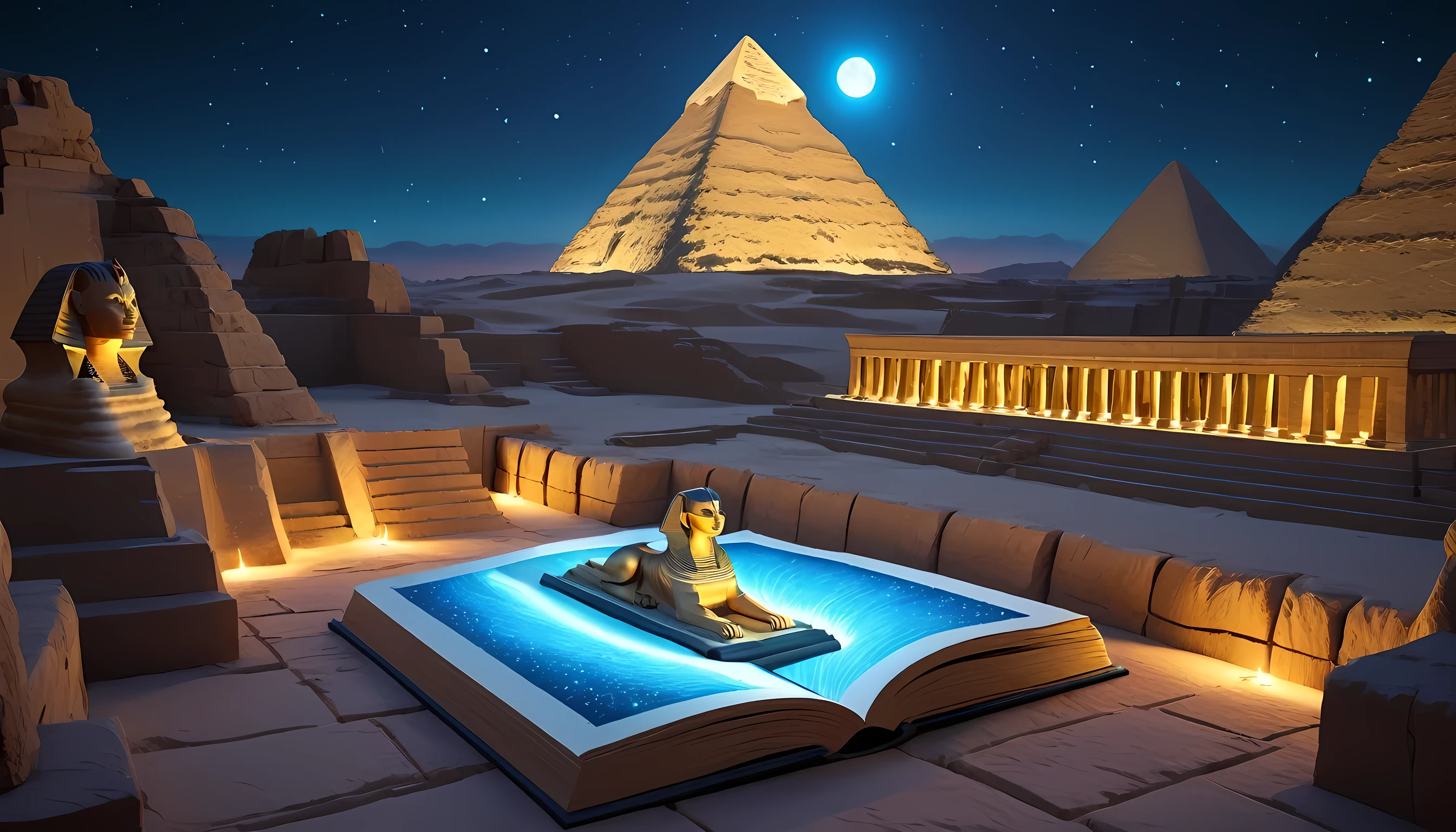 an open BookScenic with a picture of Great Sphinx, stunning fantasy 3d render, night background, flash image, safari background, projection mapping, or perhaps a fairy tale, Egypt, designed in blender,BookScenic,3d style,3d isometric,zavy-ctsmtrc