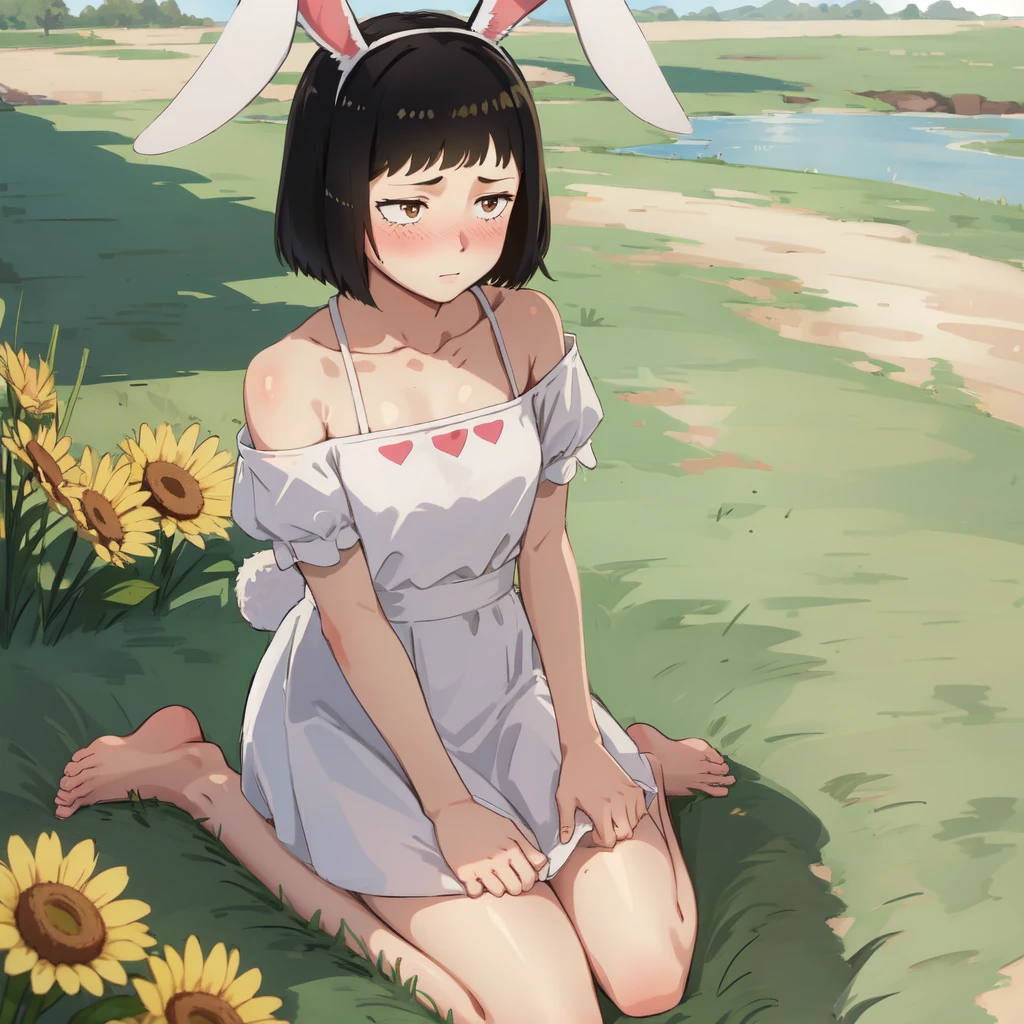 ((masterpiece, highest quality)),One girl, alone, animal ears, Rabbit, barefoot, skirt, Sitting, Rabbit ears, Short sleeve, (teasing, shy, Blushing: 1.3), Looking at the audience, Grass, short hair, Black Hair, Puff sleeves, Outdoor, fluffy Short sleeve, bangs, On the ground, whole body, animal, White Dress, sunlight, Brown eyes, mottled sunlight, Daytime,