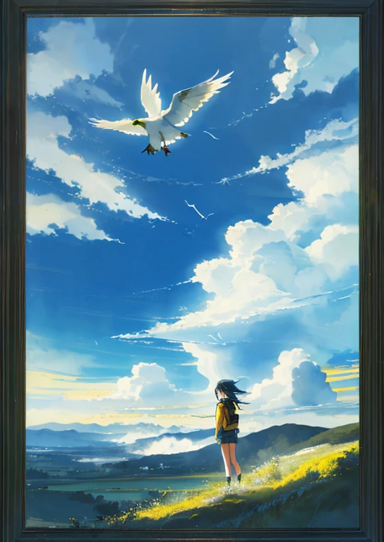 ((Vast Sky+Vast grassland+Nice views: 1.2+Dramatic painting),(Beautiful skyline+The North Star Hanging High+Colorful natural light+Best lighting)), Moving visual effects,((One girl)+ Long sleeve tops + Denim shorts + Backpack + Delicate face: 1.2), (Black Hair + Yellow Hair + Green Hair: 1.3), Dynamic pose: 1.2, ((Wide Shot + Dynamic Angle + Delicate framing), (Flying Bird:0.9+Flowing Clouds:0.9)),((watercolor+Gradient color effect):0.9), leaf