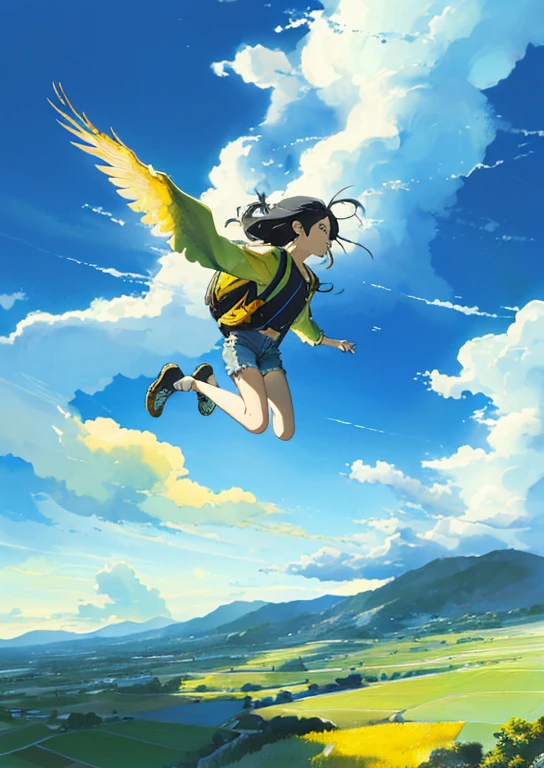 ((Vast Sky+Vast grassland+Nice views: 1.2+Dramatic painting),(Beautiful skyline+The North Star Hanging High+Colorful natural light+Best lighting)), Moving visual effects,((One girl)+ Long sleeve tops + Denim shorts + Backpack + Delicate face: 1.2), (Black Hair + Yellow Hair + Green Hair: 1.3), Dynamic pose: 1.2, ((Wide Shot + Dynamic Angle + Delicate framing), (Flying Bird:0.9+Flowing Clouds:0.9)),((watercolor+Gradient color effect):0.9), leaf
