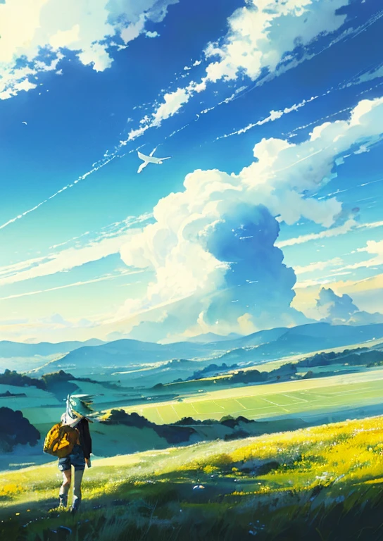 ((Vast Sky+Vast grassland+Nice views: 1.2+Dramatic painting),(Beautiful skyline+The North Star Hanging High+Colorful natural light+Best lighting)), Moving visual effects,((One girl)+ Long sleeve tops + Denim shorts + Backpack + Delicate face: 1.2), (Black Hair + Yellow Hair + Green Hair: 1.3), Dynamic pose: 1.2, ((Wide Shot + Dynamic Angle + Delicate framing), (Flying Bird:0.9+Flowing Clouds:0.9)),((watercolor+Gradient color effect):0.9), leaf