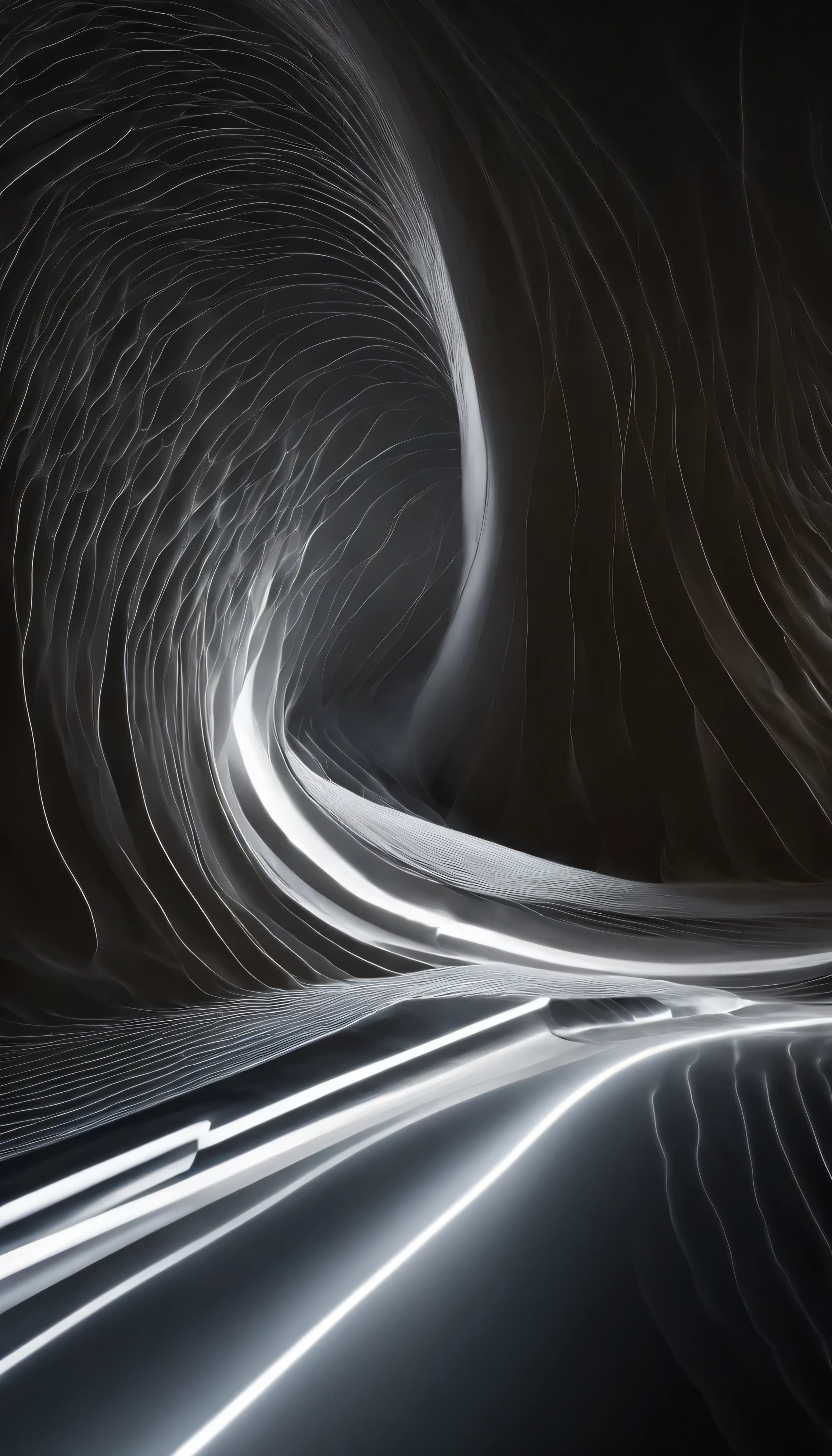 White shapes on unlit surface, In the style of illumination waves, Whiplash curve, streamlined form, night