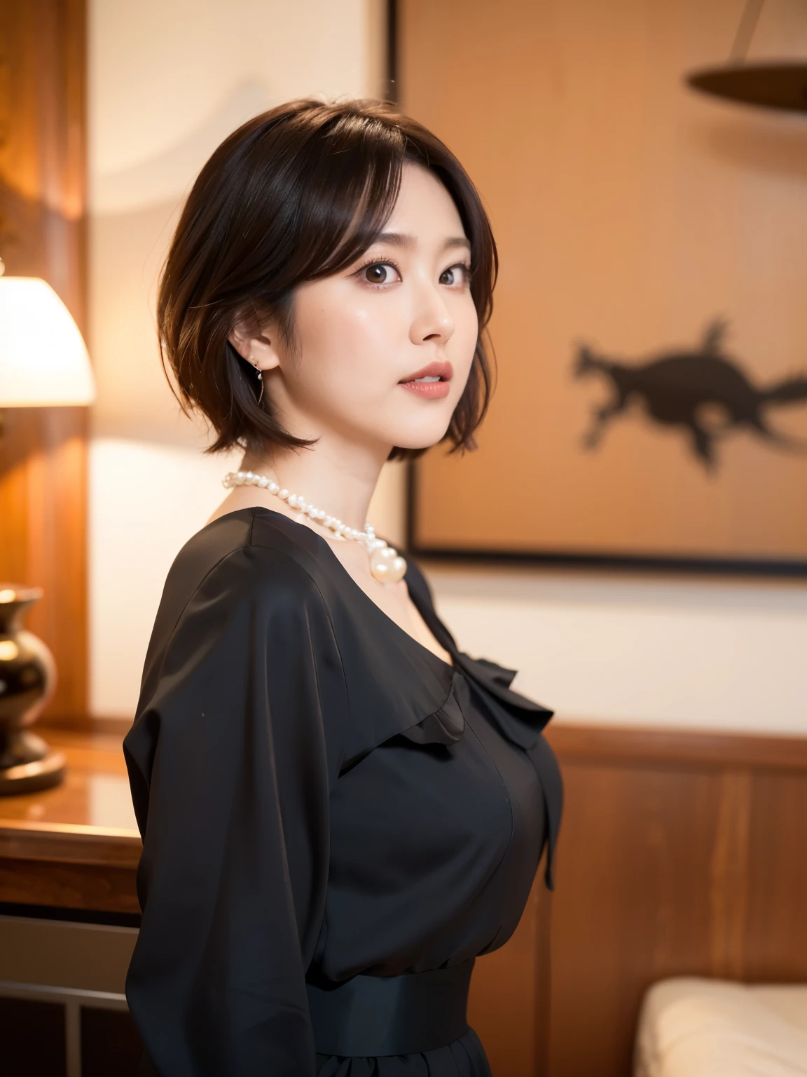 (highest quality, 8k, 32k, masterpiece, Ultra-high resolution:1.2),Beautiful Japanese Women Photos, (D cup breasts:1.4), Very short bob hair,Upper Body,Face Focus,(black formal blouse:1.4)、Black ruffled blouse,(Pearl Necklace:1.4), (Sonar room of a nuclear submarine:1.6), The viewer is looking at her from the side, Observe the audience