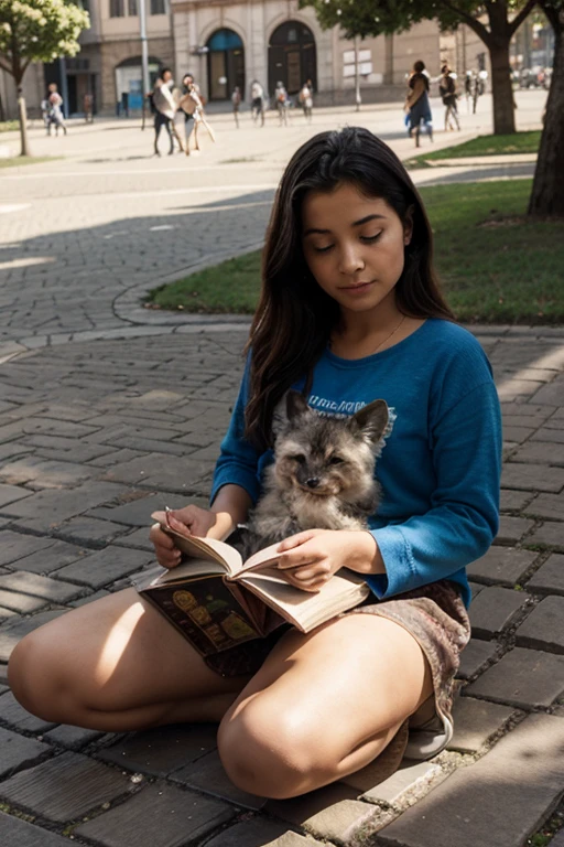 A storyteller for children, in the middle of an urban square. Acompanhada de livros e animais