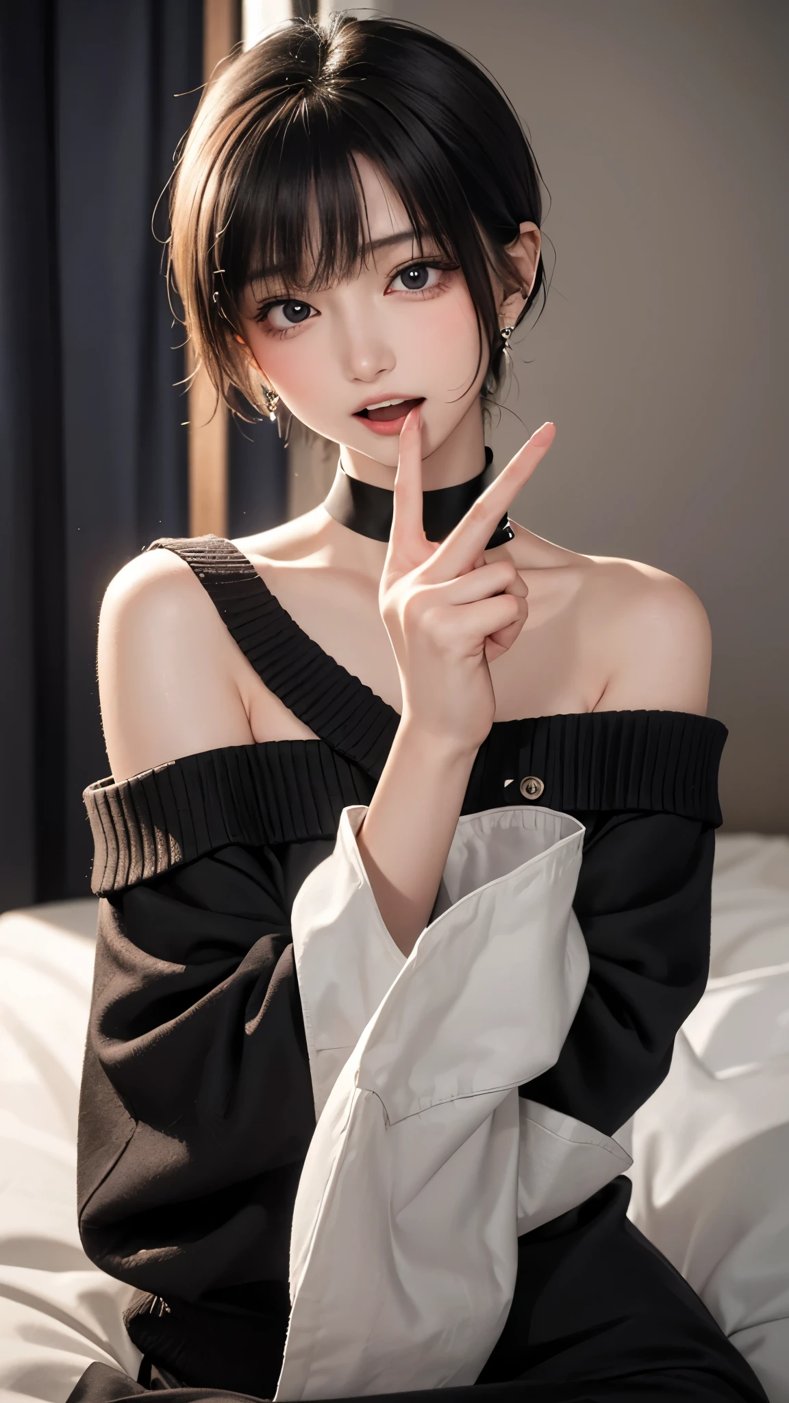 1 Girl、solo、masterpiece,highest quality,High resolution,Very detailed, skinny,Black Choker,Earrings,Big cleavage、Off-the-shoulder tight sweater dress,
(( Peace sign with both hands)), (Blowjob Gestures:1.5), (((Open your mouth))), Heavy breathing , (aheghentai face),
Accurate 5-finger、Accurate human body、The perfect human body、((Captivating smile ))、
In a hotel room with a night view、Dimly lit room、