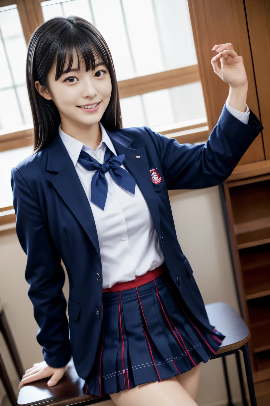 A woman taking a photo, Japanese Model Model, 18 year old female model, 4K、Bans、Black-haired、Beaver、Middle Hair、Straight hair、(A dark blue blazer and a red tie, navy check pleated skirt:1.2), (Super cute idol-like face:1.2)、School classroom、Slim and beautiful figure、Beautiful breasts、Laughter、Whole Body Ezbian、School classroom美しい脚、Sexy pose、White socks、White sneakers、