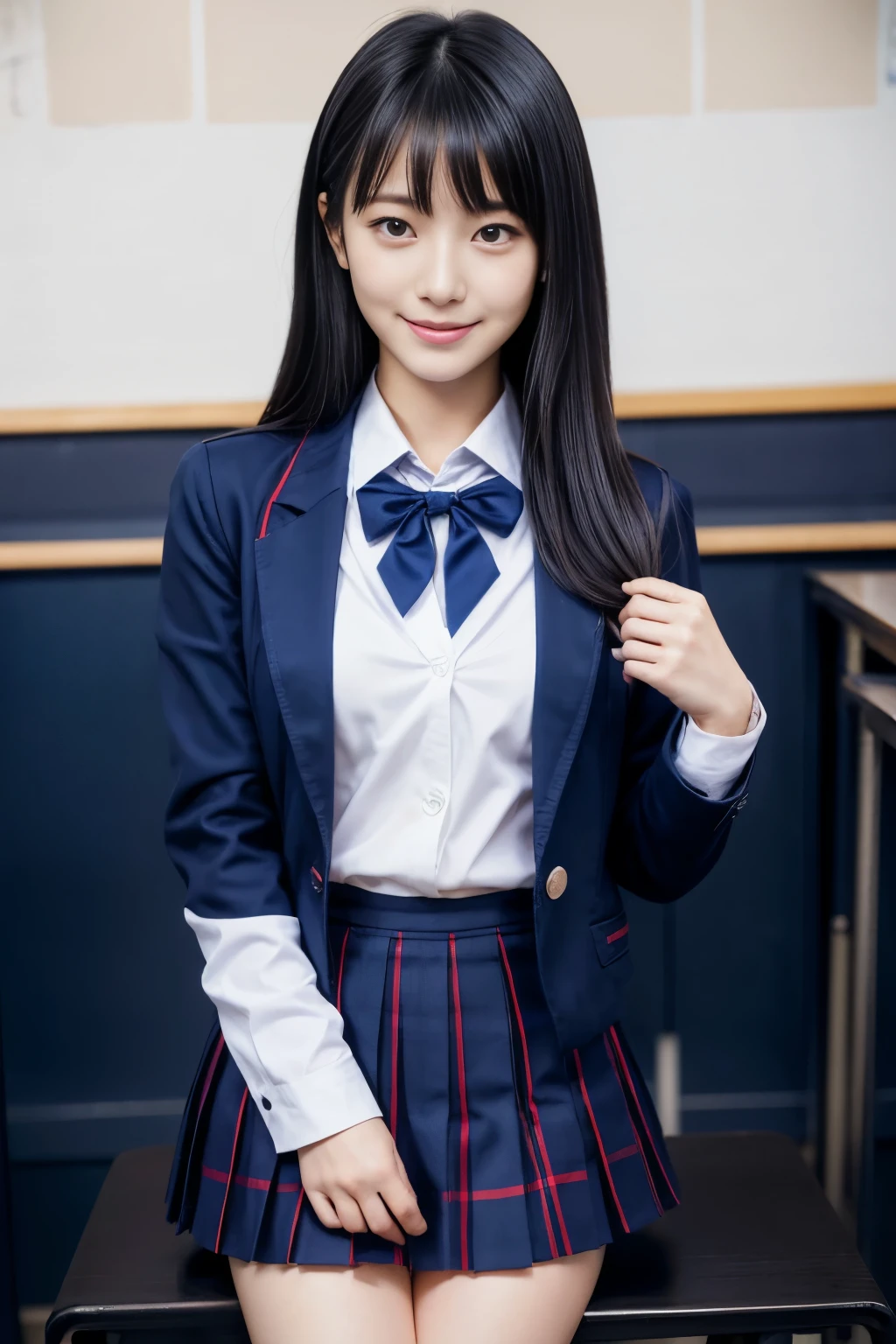 A woman taking a photo, Japanese Model Model, 18 year old female model, 4K、Bans、Black-haired、Beaver、Middle Hair、Straight hair、(A dark blue blazer and a red tie, navy check pleated skirt:1.2), (Super cute idol-like face:1.2)、School classroom、Slim and beautiful figure、Beautiful breasts、Laughter、Whole Body Ezbian、School classroom美しい脚、Sexy pose、White socks、White sneakers、