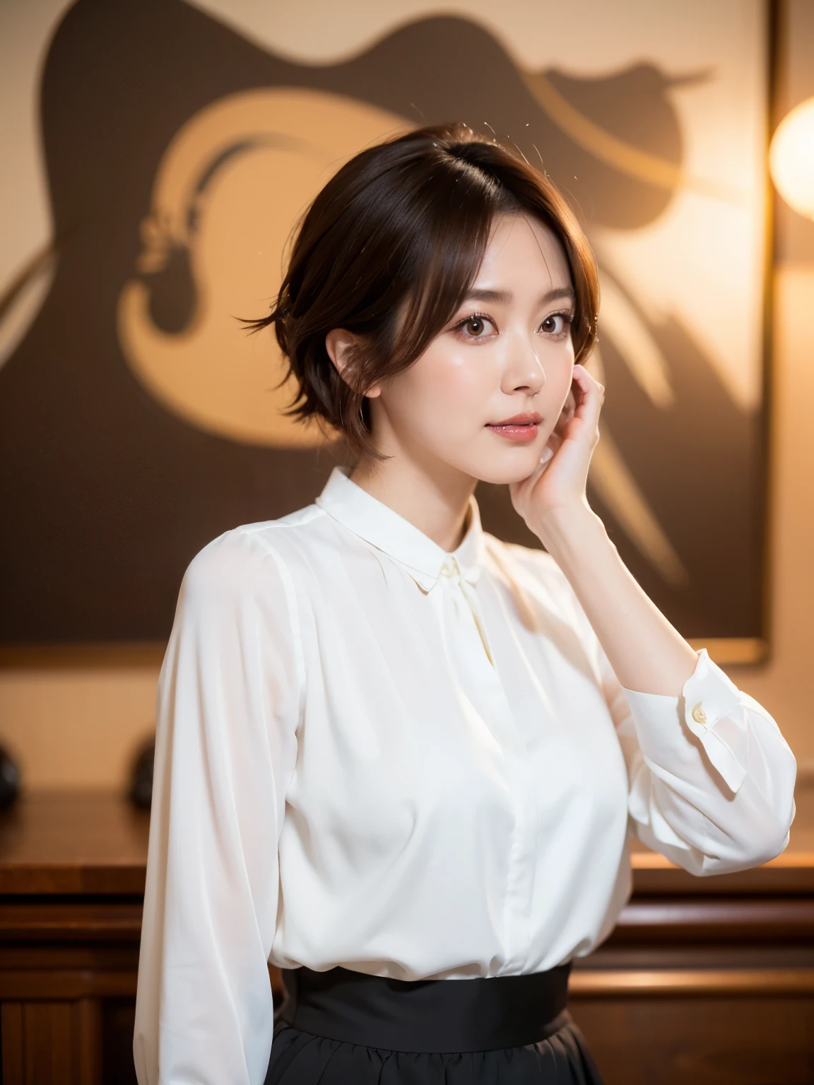(highest quality, 8k, 32k, masterpiece, Ultra-high resolution:1.2),Beautiful Japanese Women Photos, (D cup breasts:1.4), Very short bob hair,Upper Body,Face Focus,(White formal blouse:1.4)、White ruffled blouse,(Pearl Necklace:1.4), (Sonar room of a nuclear submarine:1.6), The viewer is looking at her from the side, Observe the audience