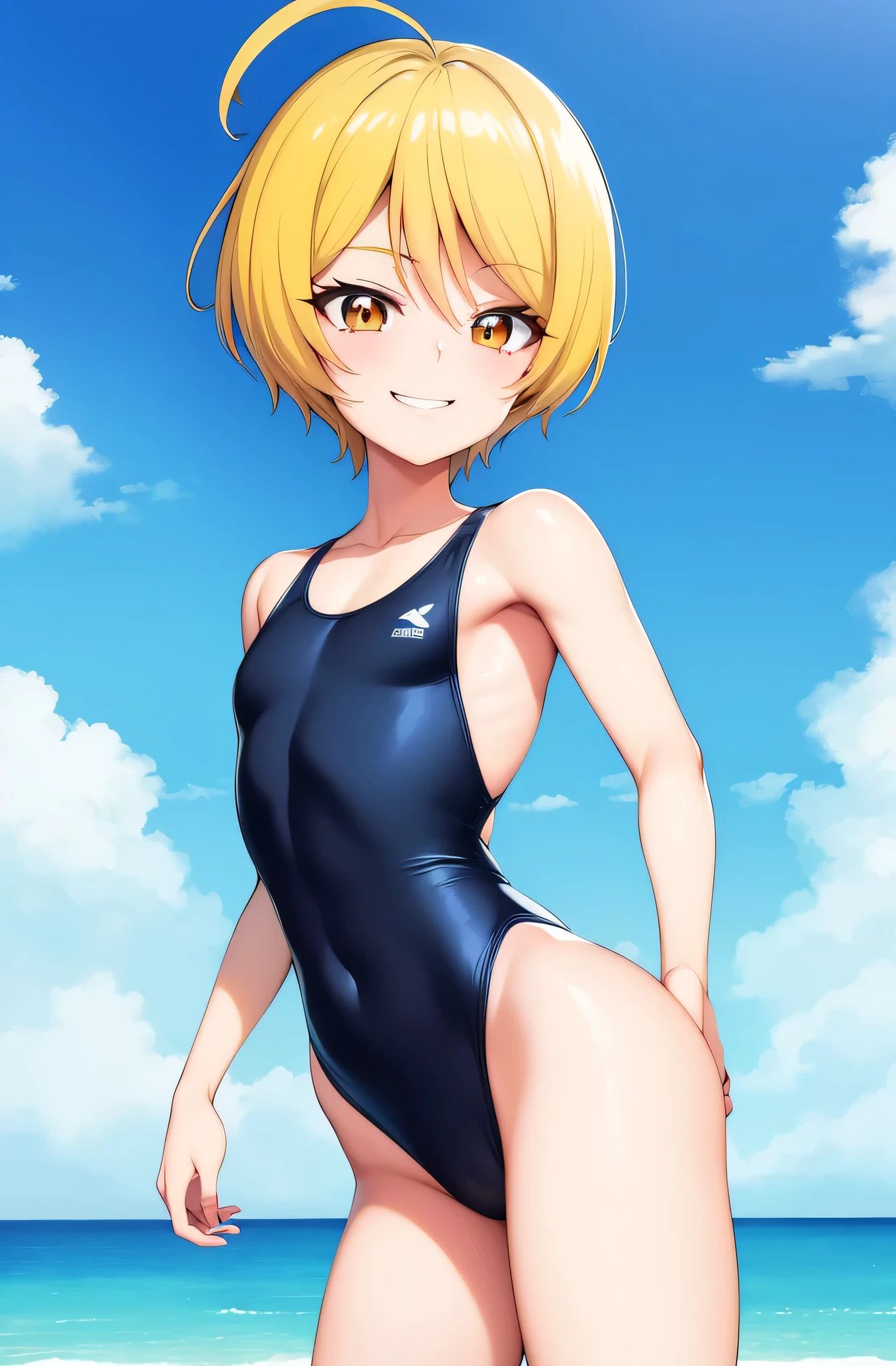 Cartoon image of a man in a swimsuit with a big smile, short blonde boy, Golden eyed boy, Wearing a swimsuit, clothing:High cut swimsuit, solo, Wear a swimsuit, Cool anime boy in black and blue tank suit, Black and blue high leg racing swimsuit, Full Body:: Sunny weather::, One piece swimsuit, Swimsuit, Wet swimsuit,  High legレーシングスイムウェア, sunny day, High leg, Ecchi anime style, Bare shoulders, Bare legs,
