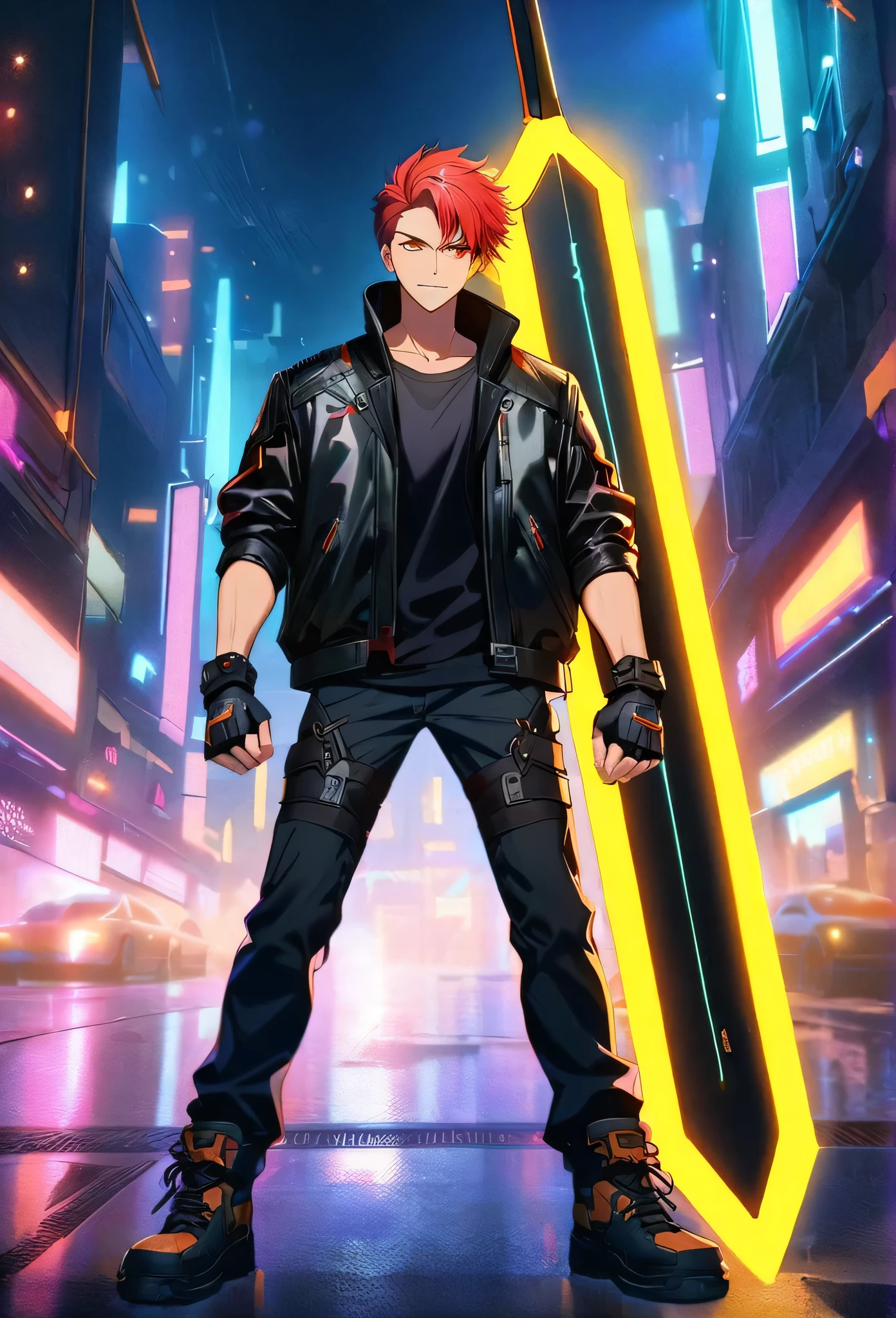 A man, with a giant neon Sword on the back, a giant neon black sword , wearing a leather white jacket and black t shirt, stand and confident pose, confidente smile, cyberpunk, night, fingerless gloves , red hair, orange eyes, fullbody shot
