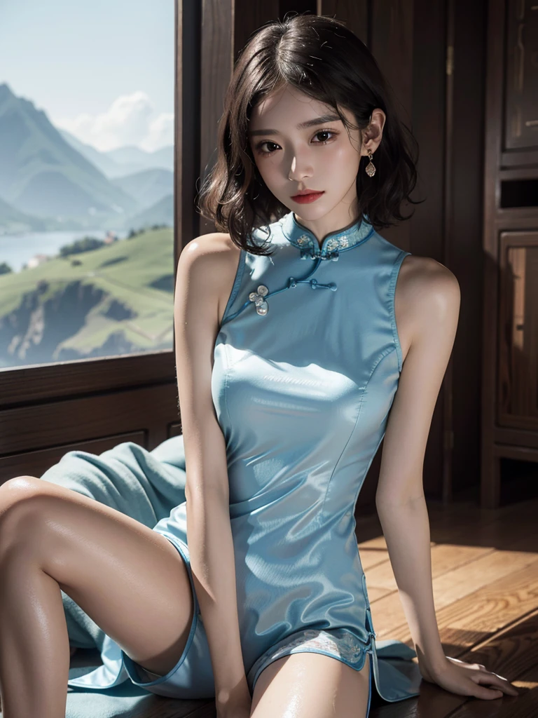 absurdres, RAW photo, extremely delicate and beautiful, masterpiece, Best Quality, ultra high resolution, 32k, hyperrealistic, ultra-detailed, perfect anatomy, anatomically correct, perfect figure, super Detailed skin, pale skin, 20 years old, very Slim body, narrow waist, very small head, very small face, delicate facial features, detailed face, detailed eyes, tearful mole, earring, thin legs, bare legs, ((very huge round breasts)), short medium hair, ((wavy hair)), wet clothes, (((cheongsam))), sleeveless,