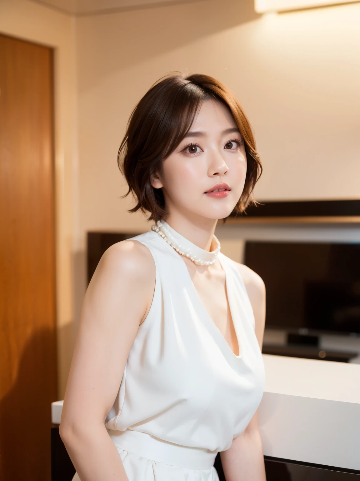 (highest quality, 8k, 32k, masterpiece, Ultra-high resolution:1.2),Beautiful Japanese Women Photos, (D cup breasts:1.4), Very short bob hair,Upper Body,Face Focus,(White formal blouse:1.4)、White ruffled blouse,(Pearl Necklace:1.4), (Sonar room of a nuclear submarine:1.6), The viewer is looking at her from the side, Observe the audience