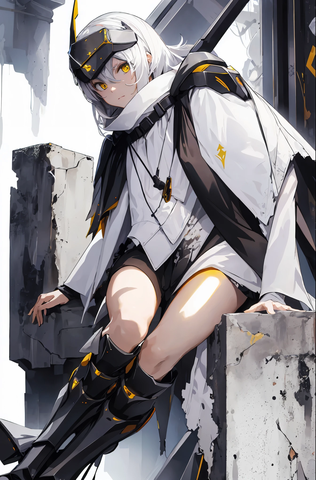 masterpiece, highest quality, Absurd,nikkesw
yellow eyes, white hair, long hair, headgear, mechanical boots, cloak, bare legs, single pauldron,(upper body)