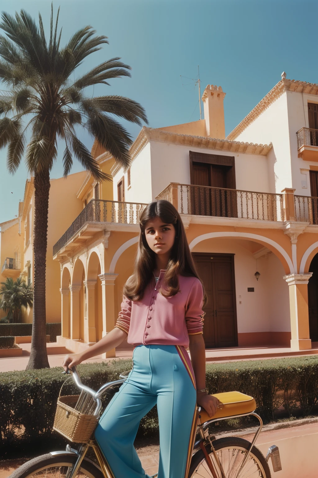 Tharsis, Spain, 1979. A young ((((17-year-old)) Carmela Estévez)), with a bike, in front of a victorian english mansion, palm trees, ((((clothings from the 1970s)))), ((hairstyle of the 1970s)), colorful
