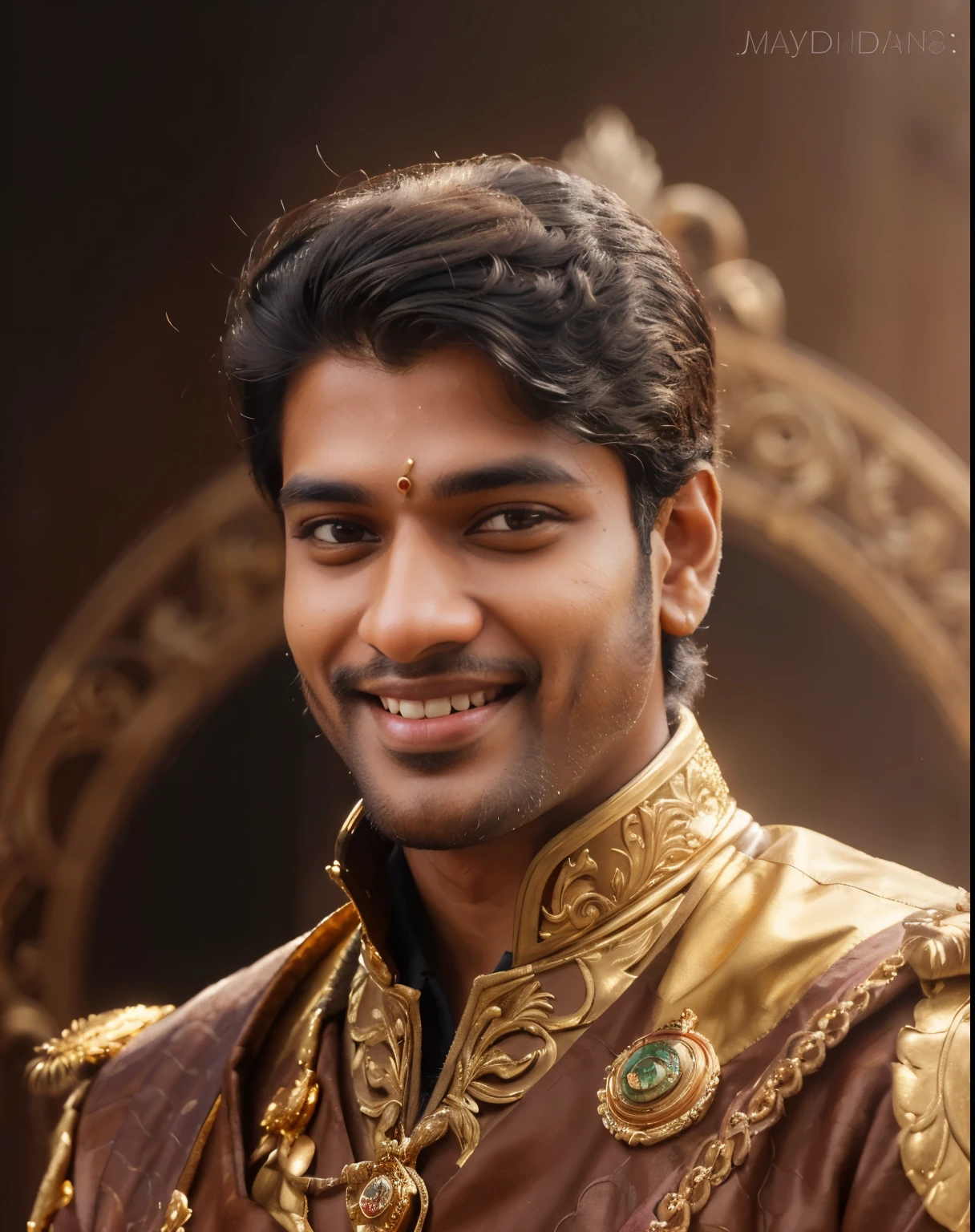 there is a man in a gold jacket smiling for a picture, jayison devadas, inspired by Thota Vaikuntham, charming sly smile, official photo, highly detailed vfx portrait of, inspired by Rajmund Kanelba, as a medieval fantasy character, inspired by Odhise Paskali, jayison devadas style, highly detailed vfx portrait, vinayak