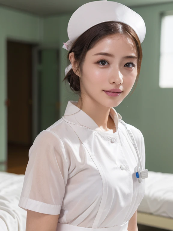 1 girl,(Wearing white nurse clothes:1.2),(RAW Photos, highest quality), (Realistic, photo-Realistic:1.4), masterpiece, Very delicate and beautiful, Very detailed, 2k wallpaper, wonderful, finely, Very detailed CG unity 8k wallpaper, Very detailed, High resolution, Soft Light, Beautiful detailed girl, Very detailed eyes and face, Beautiful and detailed nose, finely beautiful eyes, Perfect Anatomy, Black Hair, Upstyle, nurse uniform, ((nurse cap)), Long skirt, nurse, White costume, thin, hospital, clear, White Uniform, hospital room, Neck auscultation, ((Upper Body))