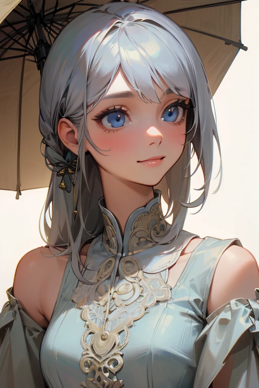 (masterpiece: 1.2, highest quality), (Actual Photos, Intricate details), 1. woman, alone, Upper Body, casual, Shoulder-length hair, Minimal makeup, Natural materials, Face close-up, smile, Home, Gray Hair, blue eyes, Shoulder Bare、Surprised face、