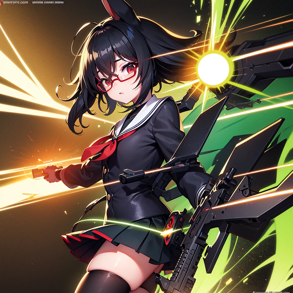 Black glasses without a frame on topanime, rabbit ears, green short hair, red eyes, (japanese anime style), (((long guns))), japanese school girl suit, ery detailed CG unified 8k wallpaper, very fine 8KCG wallpaper, hyper quality,