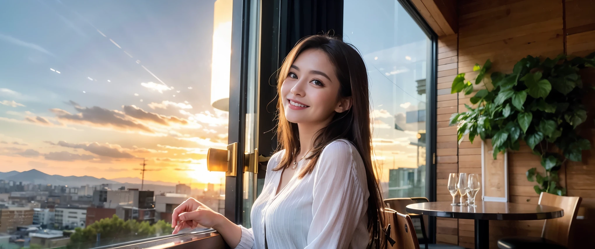 ((highest quality、8k、masterpiece:1.3))、Sharp focus:1.2、Beautiful woman perfect body:1.4、slimなボディ、((Bob Hale、Straight hair:1.2))、(to be born, highest quality, masterpiece:1.5), (Realistic, Intricate details:1.2), Ultra-high resolution, Amazing view of the sunset sky and clouds、Amazing mountain views、ニコニコ明るいsmile、smileの素敵な女性、Bright image、2. The beauty of wine, Beautiful Face, blue eyes, The light shines on your face, Blushing, short hair,Bright Face、Fox face、 (36 years old), 39 years old, Lady、red wine 、Appetizers、Italian food、Wine bottle、Champagne、sparkling wine、Two beauties、Brown Hair、Shortcuts、Long sleeve shirt、dress、Pretty Woman 1, (slimな顔), (The body is slim), (Brown Hair), (Shortcuts), cheeks turn a little red,Attractive beauty、, Out of the window, A beautiful and detailed night view unfolds.........., restaurant, In a prominent place (From the waist up) Nova Frog Style, actress, model, Upper Body, White wine, slim, wine glass, 真ん中に置かれたwine glass, smile, (smile: 1.15), Beautiful fine grain, Depth f/2,saturation, High Contrast, Strong light and shadow,Moist Body:1.5、3D texture、Delicate eyes、Brown Hair、The hair is very shiny、