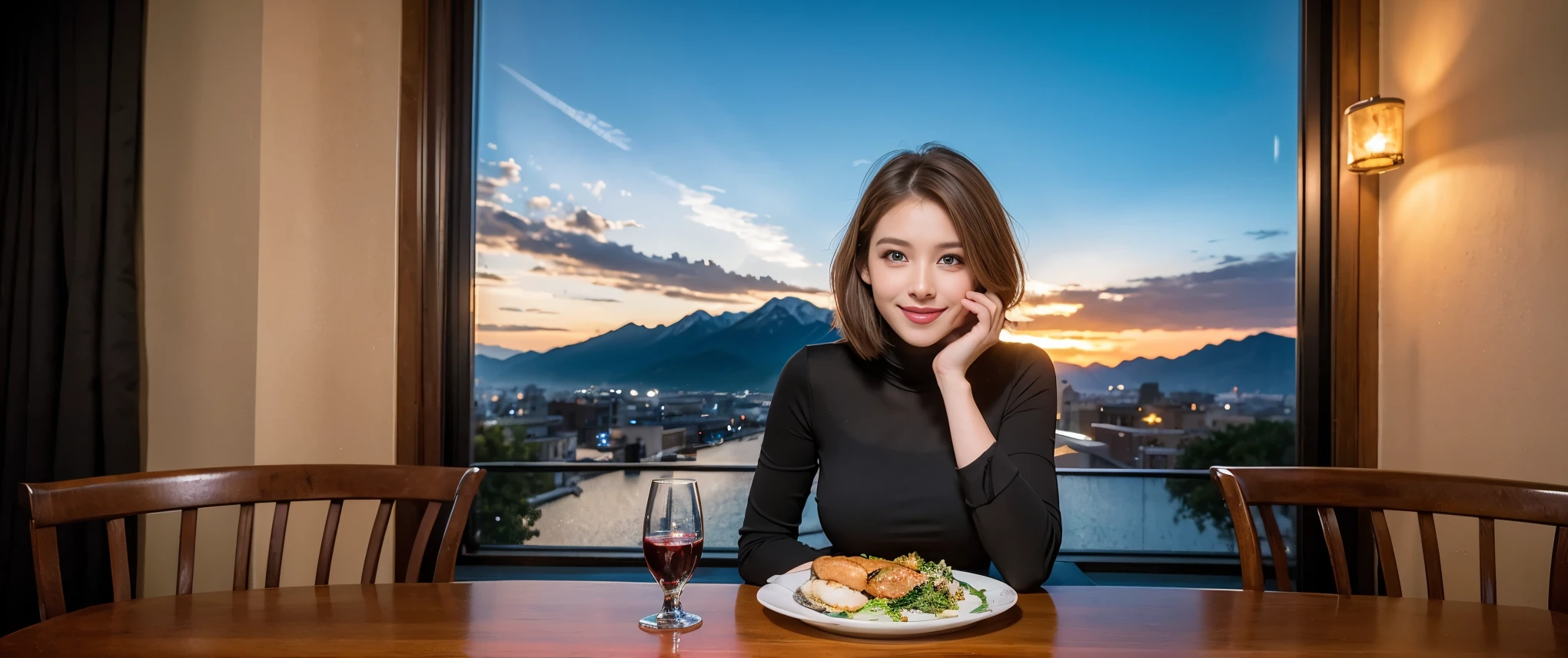 ((highest quality、8k、masterpiece:1.3))、Sharp focus:1.2、Beautiful woman perfect body:1.4、slimなボディ、((Bob Hale、Straight hair:1.2))、(to be born, highest quality, masterpiece:1.5), (Realistic, Intricate details:1.2), Ultra-high resolution, Amazing view of the sunset sky and clouds、Amazing mountain views、ニコニコ明るいsmile、smileの素敵な女性、Bright image、2. The beauty of wine, Beautiful Face, blue eyes, The light shines on your face, Blushing, short hair,Bright Face、Fox face、 (36 years old), 39 years old, Lady、red wine 、Appetizers、Italian food、Wine bottle、Champagne、sparkling wine、Two beauties、Brown Hair、Shortcuts、Long sleeve shirt、dress、Pretty Woman 1, (slimな顔), (The body is slim), (Brown Hair), (Shortcuts), cheeks turn a little red,Attractive beauty、, Out of the window, A beautiful and detailed night view unfolds.........., restaurant, In a prominent place (From the waist up) Nova Frog Style, actress, model, Upper Body, White wine, slim, wine glass, 真ん中に置かれたwine glass, smile, (smile: 1.15), Beautiful fine grain, Depth f/2,saturation, High Contrast, Strong light and shadow,Moist Body:1.5、3D texture、Delicate eyes、Brown Hair、The hair is very shiny、