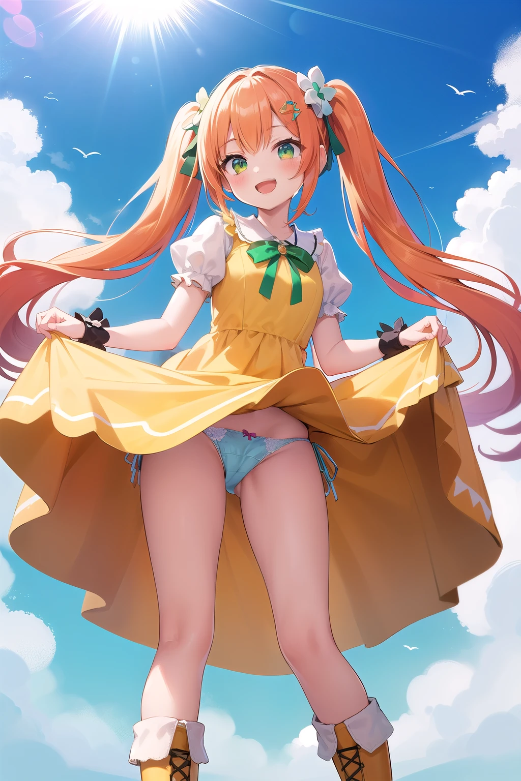 masterpiece,highest quality,One girl,Cure Rosetta,Orange Hair,(Very long hair),Curly Hair,(Long twin tails),Clover hair ornament,Wrist cuff,Yellow Dress,White boots,Green ribbon,((Skirt Lift)),(Panties in full view:1.5)floating,smile,Open your mouth,blue sky,sunlight,