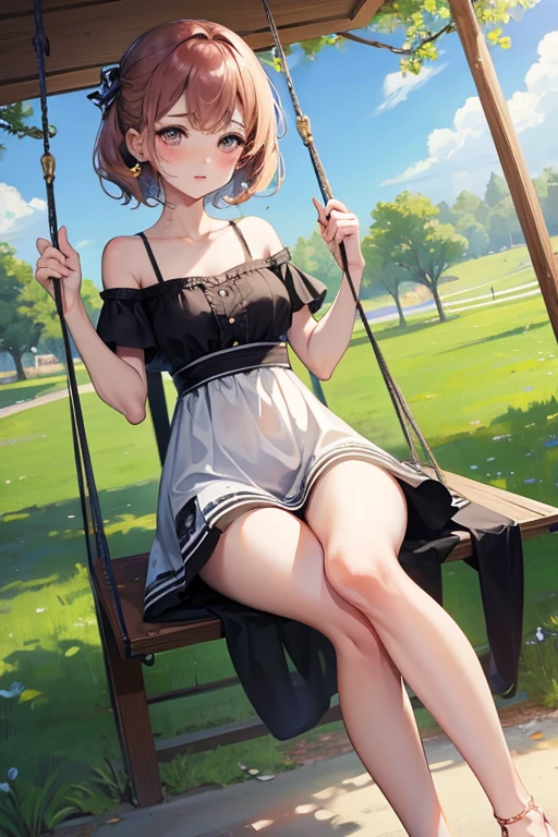 1lady,solo,blush, provoke,leg up,barefoot,foot focus,foot up, thighs,dress, go on the swing,in park