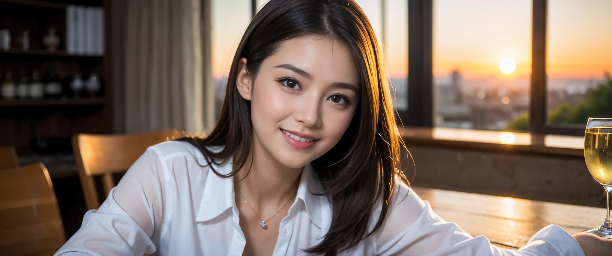 ((highest quality、8k、masterpiece:1.3))、Sharp focus:1.2、Beautiful woman perfect body:1.4、slimなボディ、((Bob Hale、Straight hair:1.2))、(to be born, highest quality, masterpiece:1.5), (Realistic, Intricate details:1.2), Ultra-high resolution, Amazing view of the sunset sky and clouds、Amazing mountain views、ニコニコ明るいsmile、smileの素敵な女性、Bright image、2. The beauty of wine, Beautiful Face, blue eyes, The light shines on your face, Blushing, short hair,Bright Face、Fox face、 (36 years old), 39 years old, Lady、red wine 、Appetizers、Italian food、Wine bottle、Champagne、sparkling wine、Two beauties、Brown Hair、Shortcuts、Long sleeve shirt、dress、Pretty Woman 1, (slimな顔), (The body is slim), (Brown Hair), (Shortcuts), cheeks turn a little red,Attractive beauty、, Out of the window, A beautiful and detailed night view unfolds.........., restaurant, In a prominent place (From the waist up) Nova Frog Style, actress, model, Upper Body, White wine, slim, wine glass, 真ん中に置かれたwine glass, smile, (smile: 1.15), Beautiful fine grain, Depth f/2,saturation, High Contrast, Strong light and shadow,Moist Body:1.5、3D texture、Delicate eyes、Brown Hair、The hair is very shiny、
