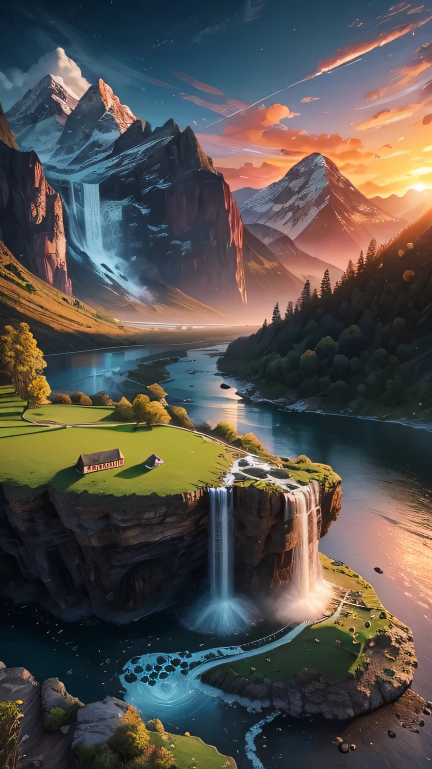 a dice with landscapes on each face, serene mountains, lush waterfalls, captivating sunsets,best quality,ultra-detailed,realistic:1.37,professional,vivid colors,stunning portraits,mesmerizing landscapes,dreamlike scenery,natural lighting