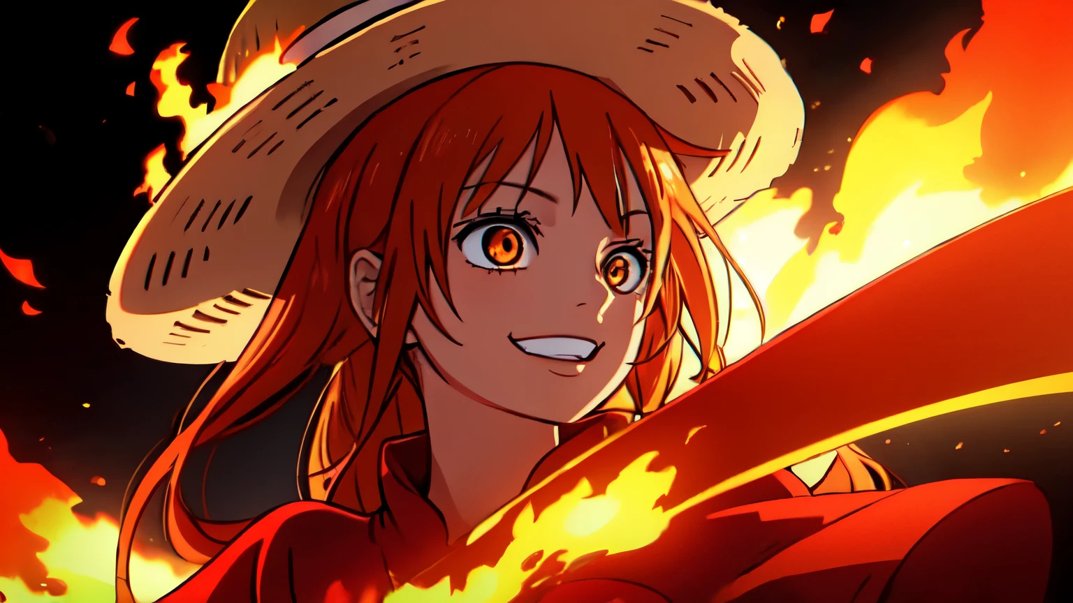 1girl, wanostyle, nami, smiling, straw hat, looking at viewer, solo, upper body, ((masterpiece)), (best quality), (extremely detailed), depth of field, sketch, dark intense shadows, sharp focus, soft lighting, hdr, colorful, good composition, fire all around, spectacular, red dress, anime screencap, long open hair, ready to fight, orange eyes