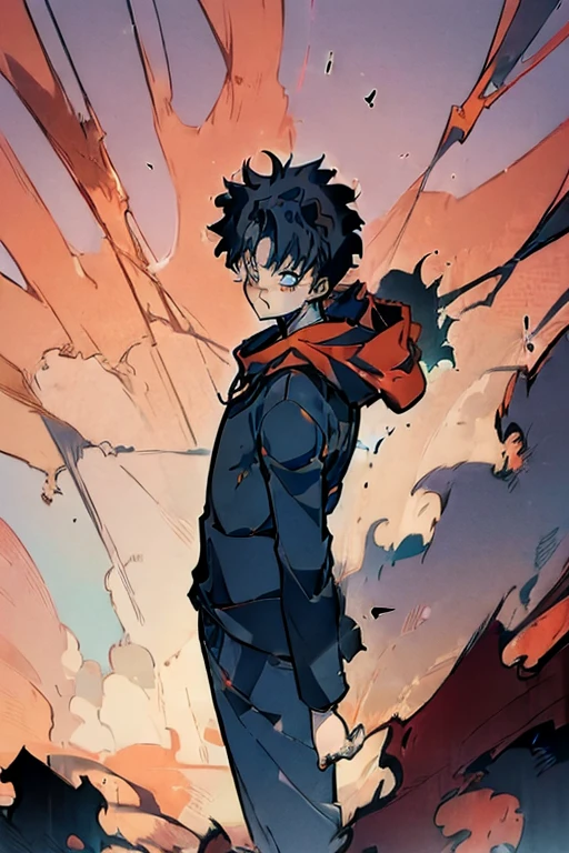 ((Masterpiece, Best Quality, 2d, anime)), (1 boy, Solo: 2), itadori, itadori_yuuji, black hair, red hoodie, open hoodie, hoodie off, blue eyes, Illustration, ragemode, wild hair, destruction,