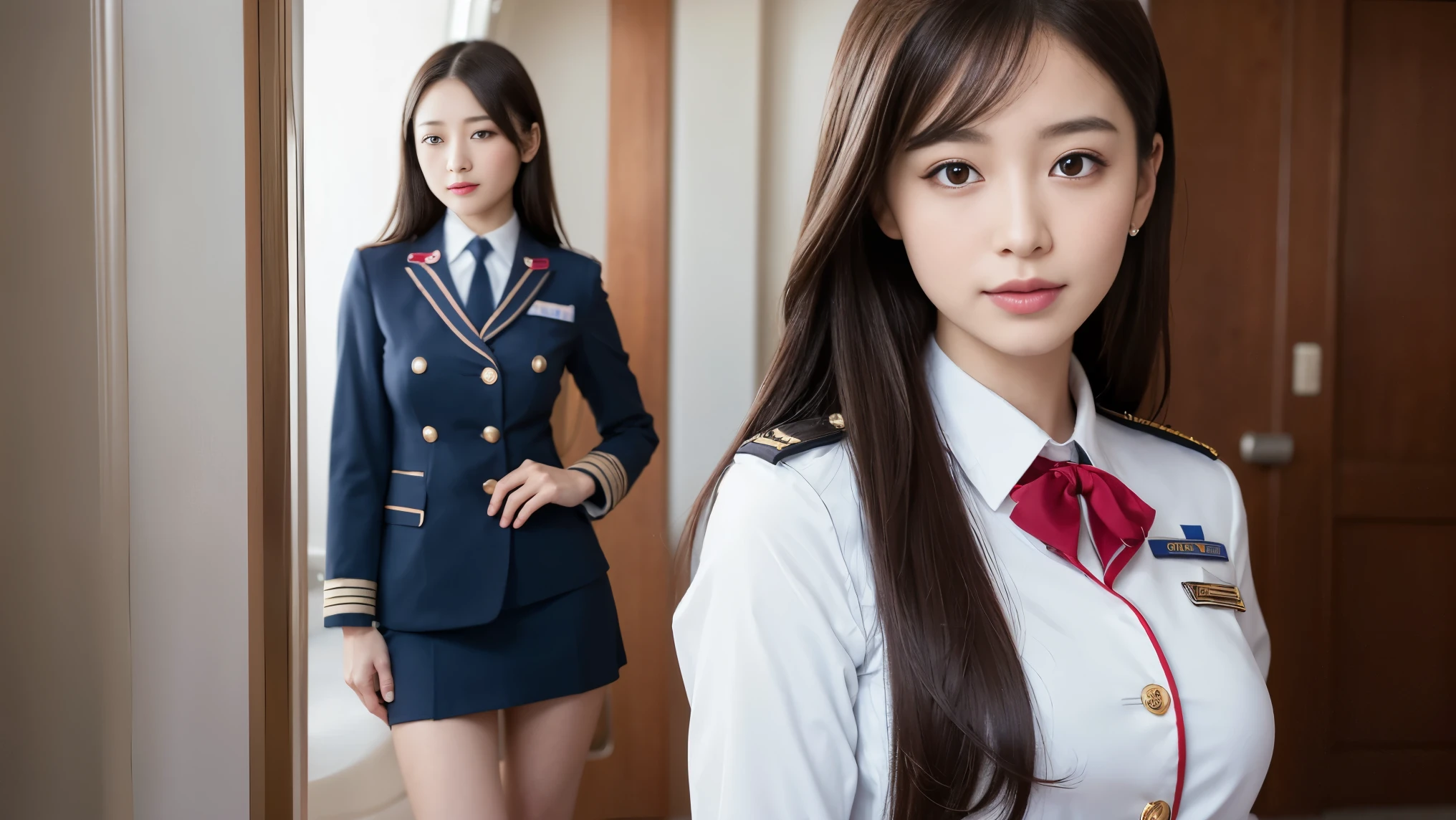 high quality, masterpiece, 8k, Ultra-high resolution, (Realistic: 1.4), 1 girl, Beautiful Face, Symmetrical eyes, big, Perfect Body Proportions, Stewardess Uniform, The viewer's gaze, (Inside the plane: 1.2), 座席にsit, Shoulder jumps, (Absolute area:1.3)、Thighs、((sit))、big breasts、smile、Wrinkled lips、(全naked)、((naked))、((Between the legs))、((Spread your legs))、((Between the legsが強調されている))、((両Thighsをあげている))、((Standing stiffly))