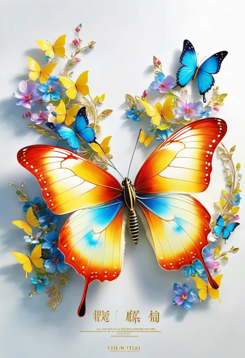 Magazine cover，butterflies are painted with 鲜花和Butterfly on a white surface, harmony of Butterfly, Butterfly, 鲜花和Butterfly, mechanical Butterfly, Highly realistic, With beautiful wings, Beautiful digital artwork, Beautiful digital art, Beautiful and realistic, author：Sim Che Tsai, photo of a mechanical Butterfly, Beautiful and gorgeous digital art, beautiful art, 2 0 2 0, 2020
